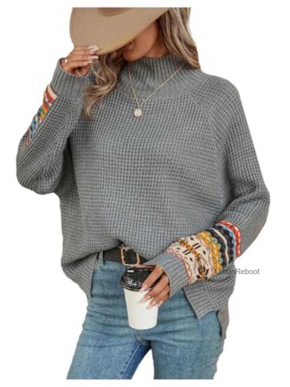 Waffle Knit Mock Neck Long Sleeve Pullover Sweater